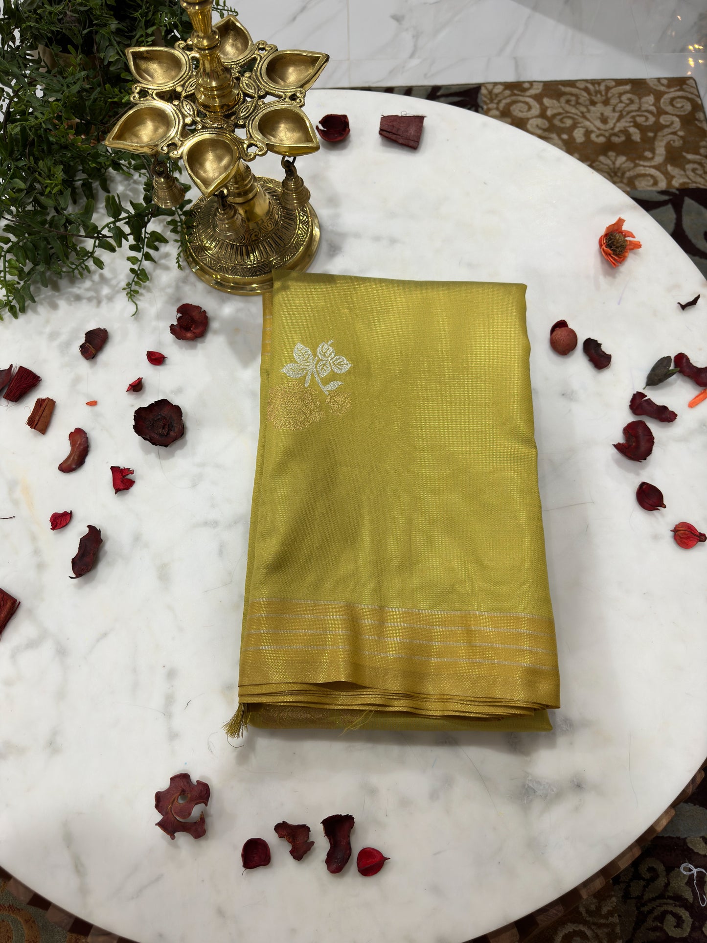 Mustard & Silver-Toned Floral Zari Silk Blend Dharmavaram Saree