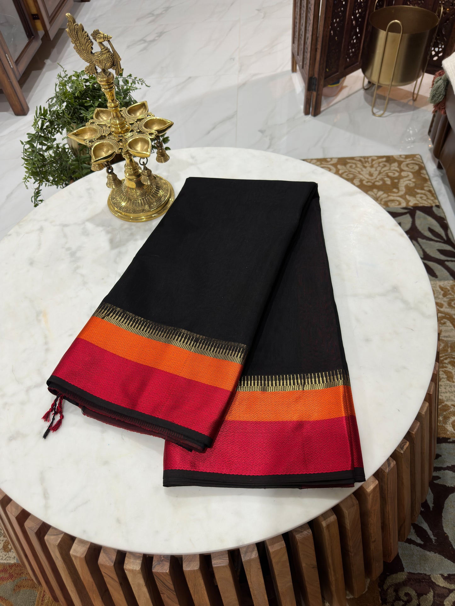 Black Saree with Rani and Narangi Resham Borders