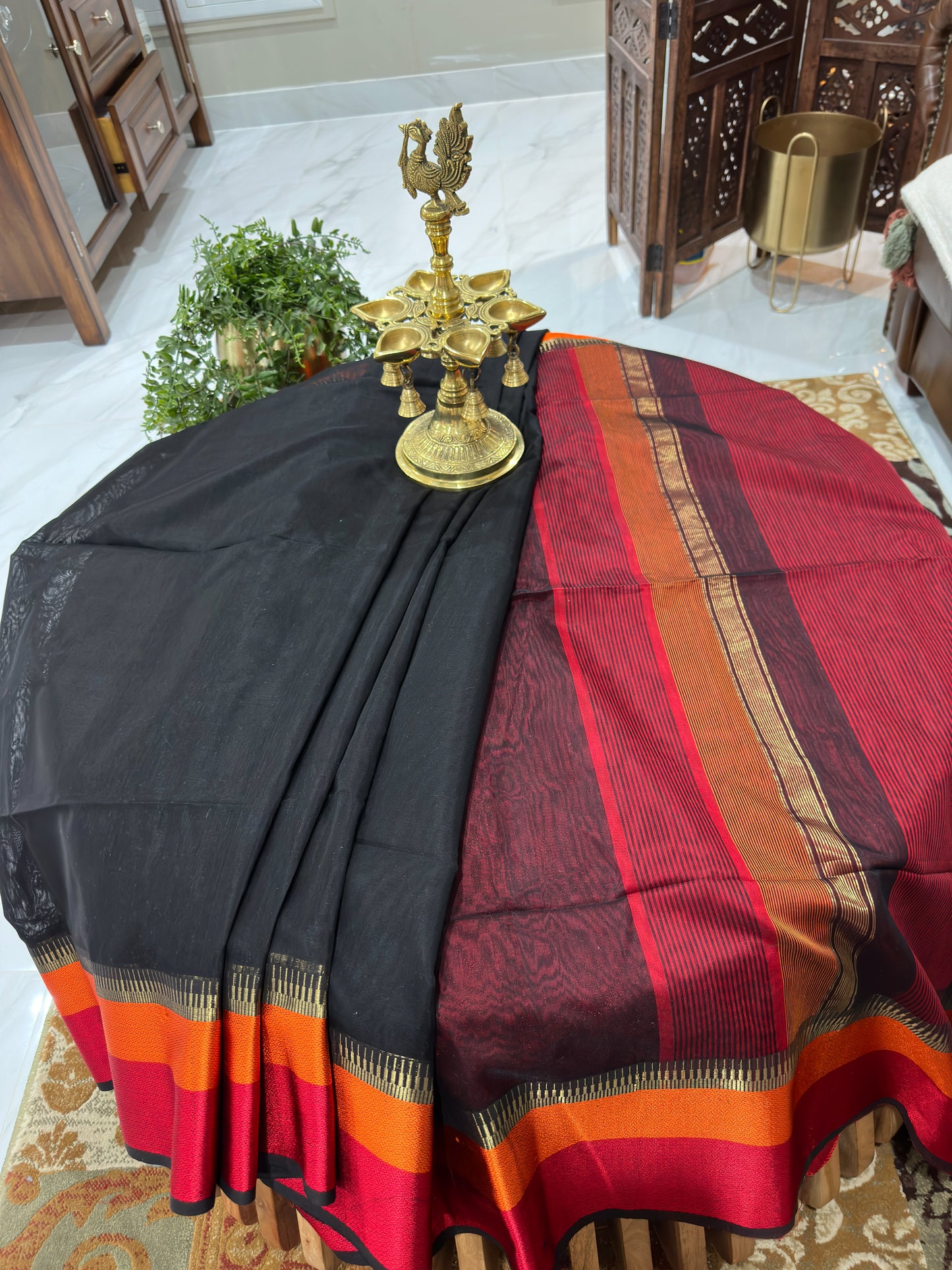 Black Saree with Rani and Narangi Resham Borders