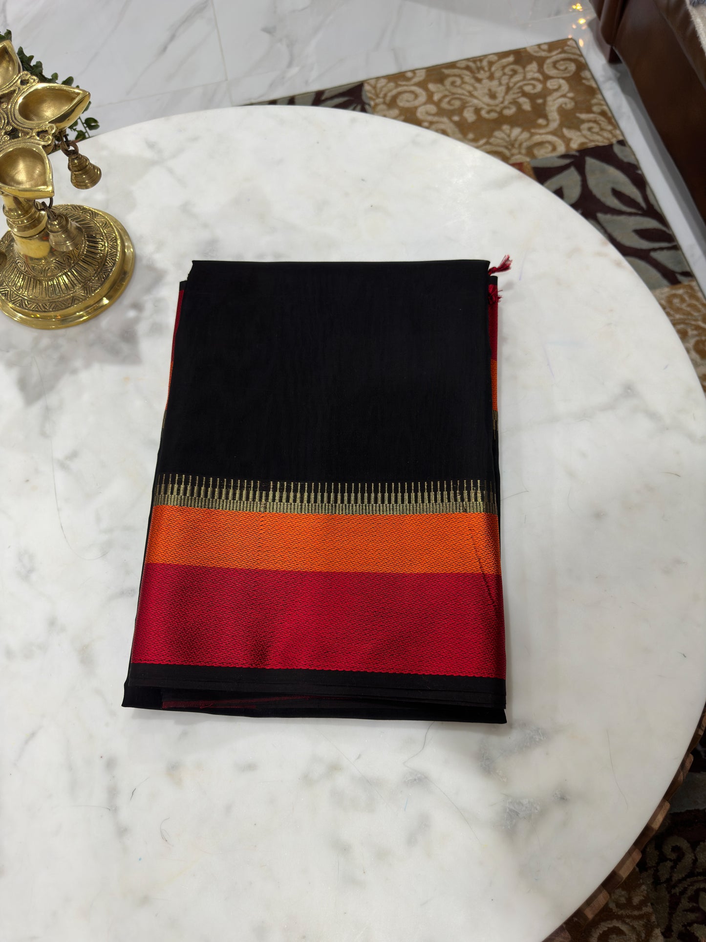Black Saree with Rani and Narangi Resham Borders