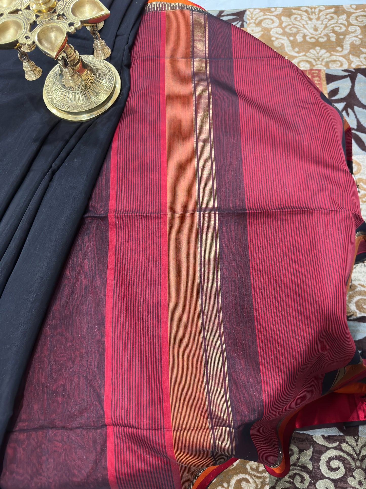 Black Saree with Rani and Narangi Resham Borders