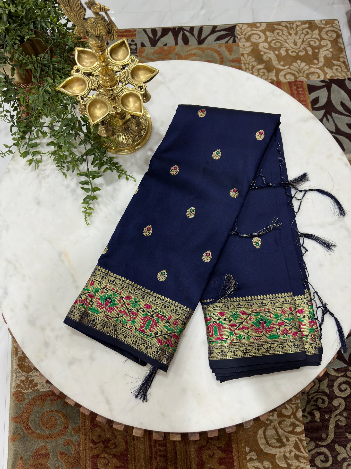 Ethnic Motifs Navy Blue Zari Silk Blend Paithani Saree