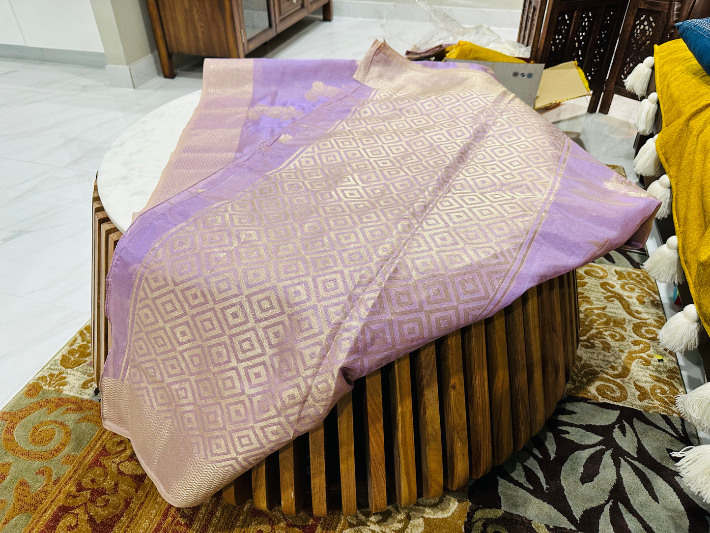 Lavender & Golden Woven Design Banarasi Organza Saree