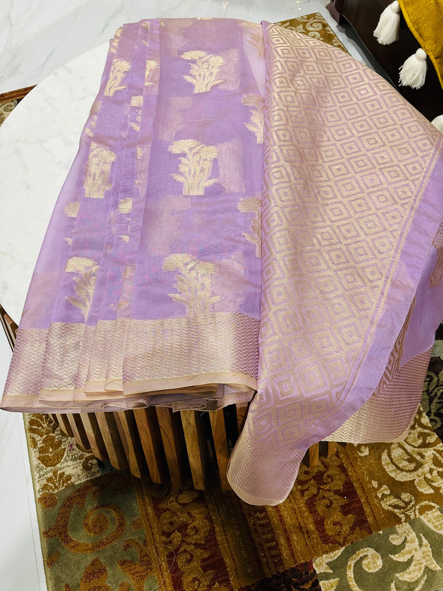 Lavender & Golden Woven Design Banarasi Organza Saree