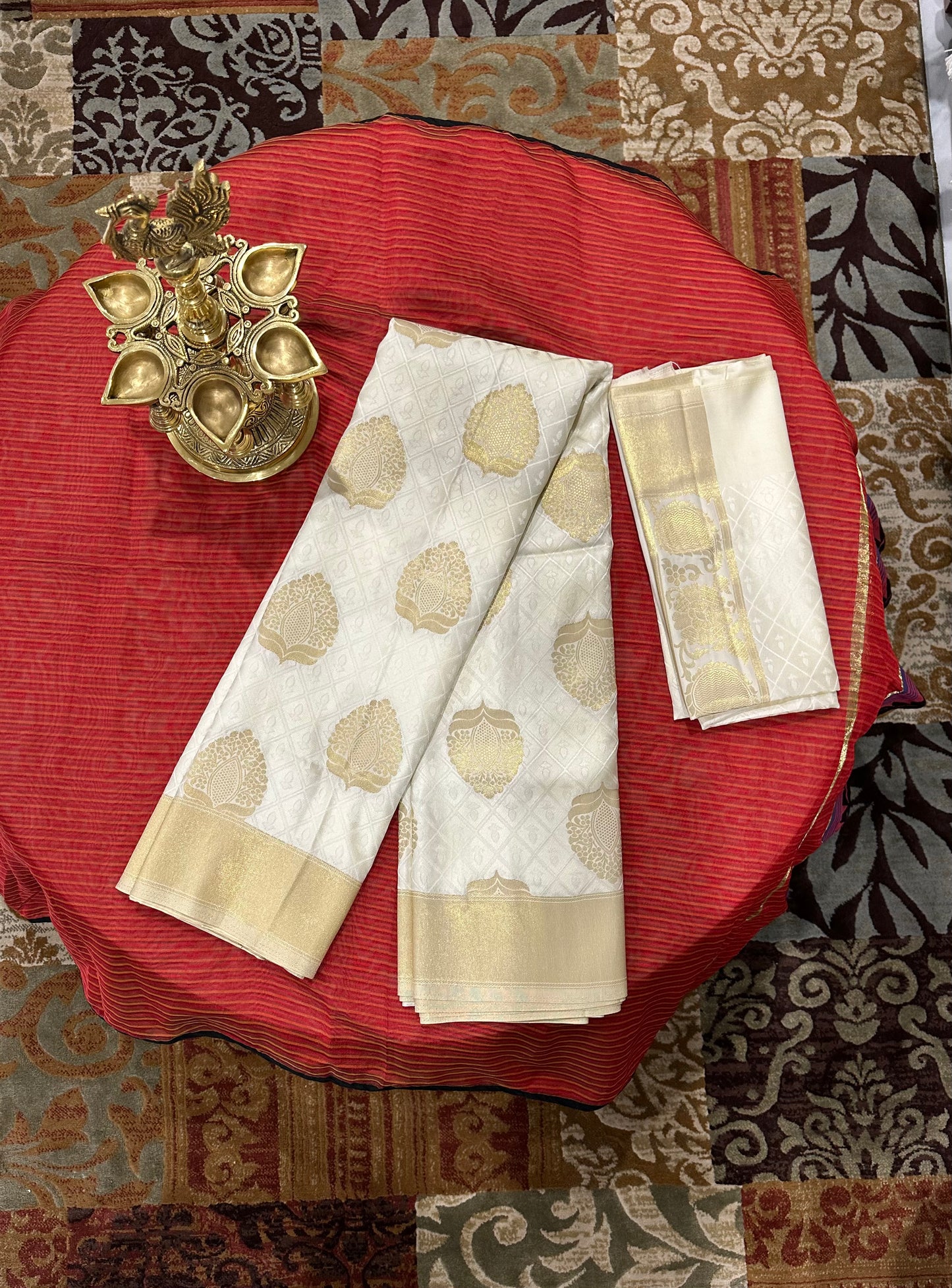 Cream and Gold Coloured Banarasi Silk Blend Saree