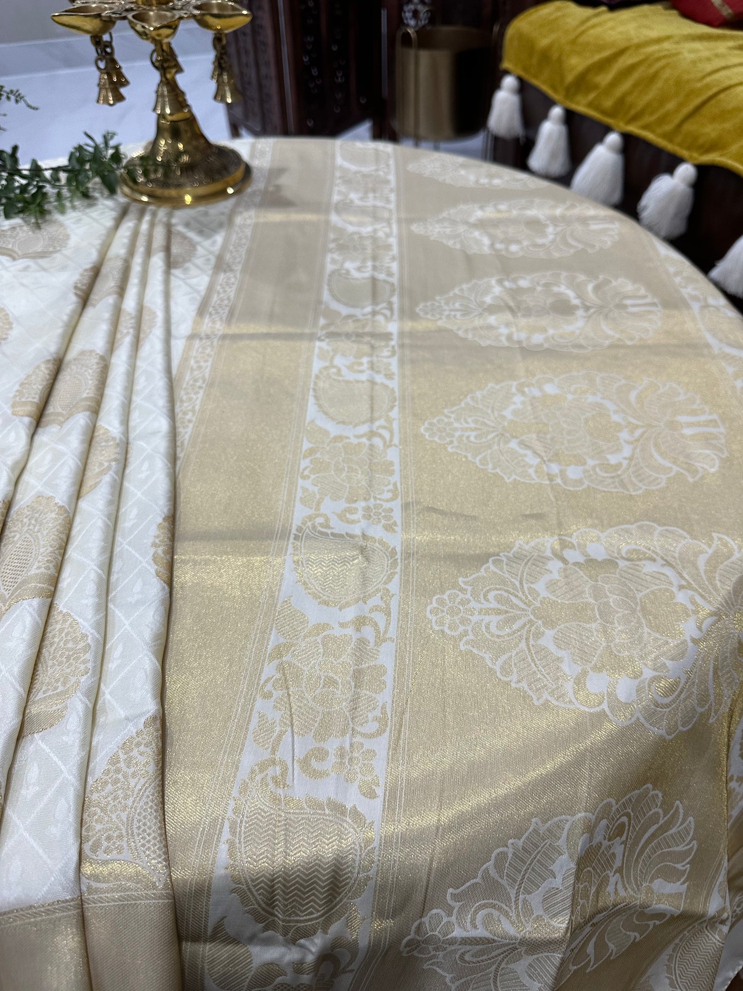 Cream and Gold Coloured Banarasi Silk Blend Saree