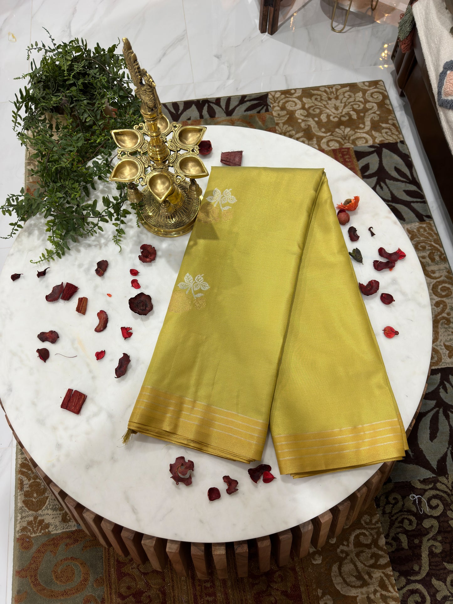 Mustard & Silver-Toned Floral Zari Silk Blend Dharmavaram Saree
