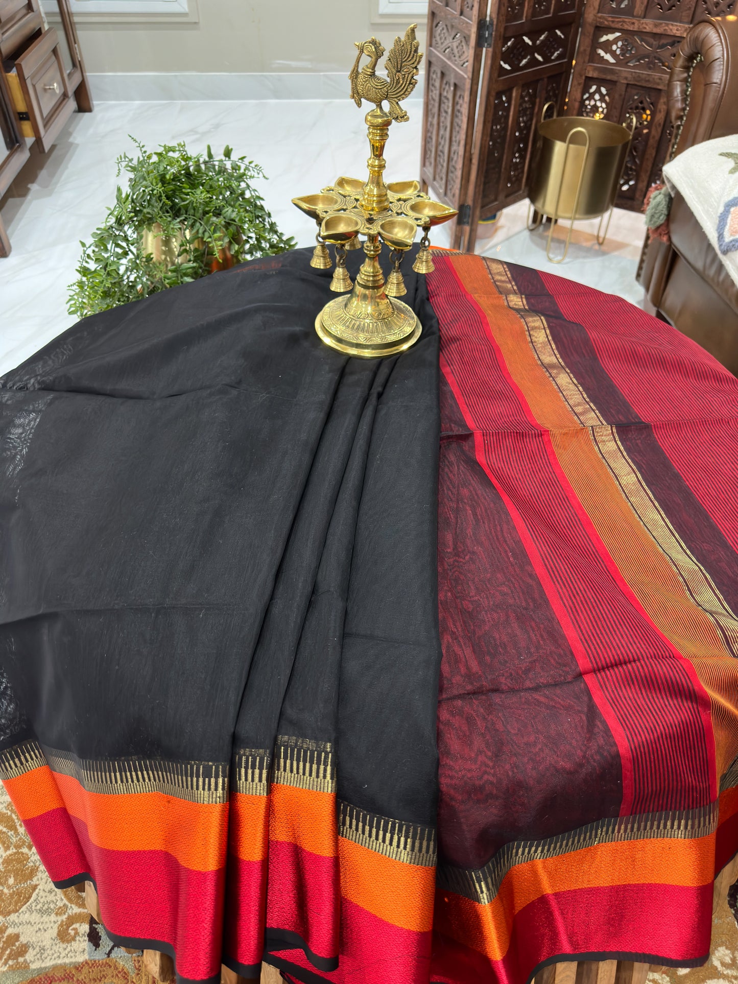 Black Saree with Rani and Narangi Resham Borders