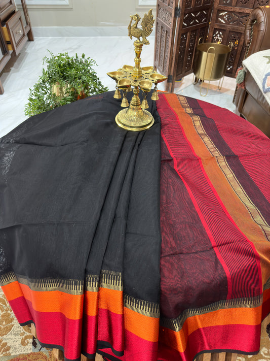Black Saree with Rani and Narangi Resham Borders