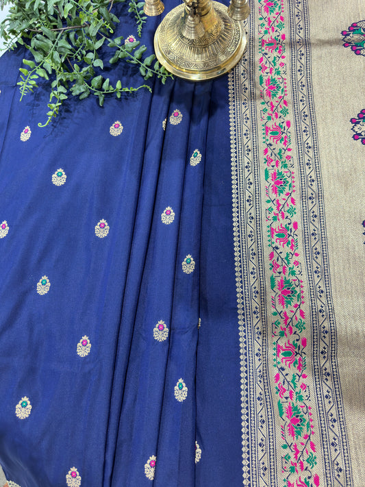 Ethnic Motifs Navy Blue Zari Silk Blend Paithani Saree