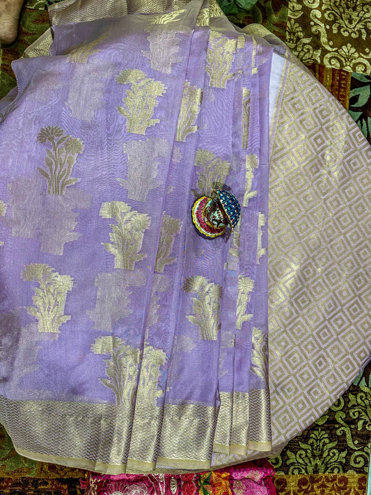 Lavender & Golden Woven Design Banarasi Organza Saree