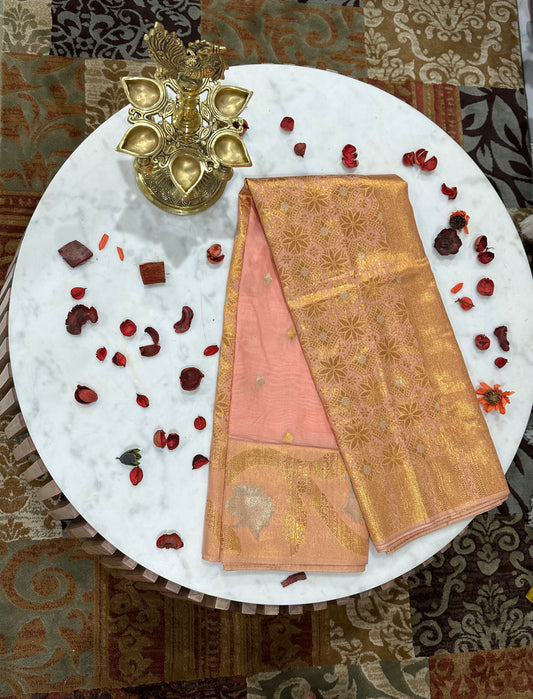 Peach-Coloured & Gold-Toned Ethnic Motifs Zari Silk Blend Banarasi Saree